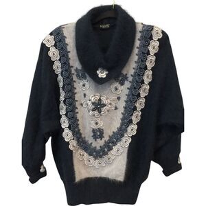 Morelli Angora Blend Sweater Navy Blue Womens Size‎ 2X Floral Beaded Grannycore